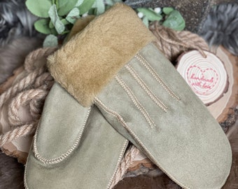 Follkee Sheepskin Leather Mittens Green Premium Quality Handmade