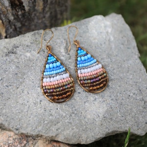Handcrafted Teardrop Earrings: Beaded Antique Brass Wire Wrapped Jewelry