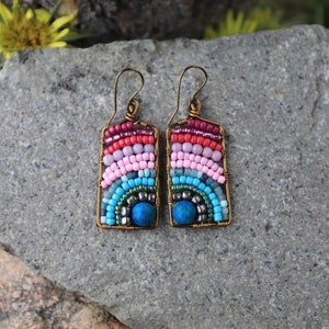 Handcrafted Beaded Earrings: Antique Brass Wire, Colorful Bohemian Jewelry
