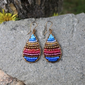 Wire Wrapped Teardrop Shape Earrings | Handcrafted Earrings | Beaded Earrings | Colorful Jewelry | Summer Earrings | Beach Earrings