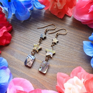 Handcrafted Abalone Shell Earrings: Antique Bronze Star Drops