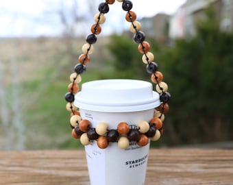 Porte-gobelet en perles | Porte-gobelet pour café et thé | Porte-café à emporter | Porte-gobelet en bois avec perles | Sac pour tasse à café