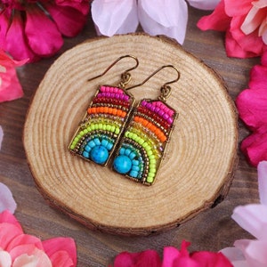 Square Shape Earrings. Handcrafted earrings, beaded earrings, bohemian earrings, colorful jewelry, summer earrings, beach earrings
