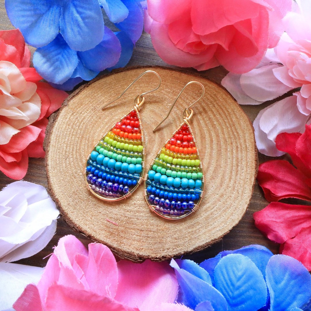 Teardrop Shape Earrings. Rainbow Earrings, Beaded Earrings, Bohemian