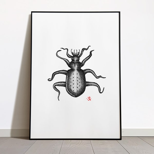 Digital Print, Puppenräuber–Tintenfisch, Käfer, Phantastische Tiere, Metamorphose, Illustration von Tieren