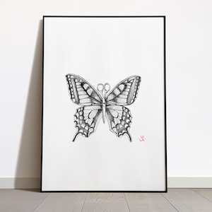 Puede incluir: Una ilustración en blanco y negro de una mariposa con un par de tijeras en el centro de su cuerpo. La mariposa está enmarcada en un marco negro.