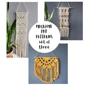 May include: Three macrame wall hangings, one white, one white with a geometric pattern, and one yellow with a geometric pattern. The image includes the text "MACRAME PDF PATTERNS set of three".