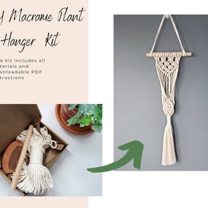 May include: DIY macrame plant hanger kit with all materials and downloadable PDF instructions. The kit includes a wooden dowel, white cord, and a wooden comb. The finished macrame plant hanger is shown hanging on a wall.