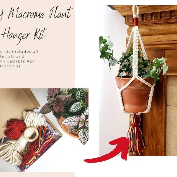 DIY Macrame Kit - Easy Plant hanger with tassel, includes materials and downloadable PDF pattern with step by step instructions