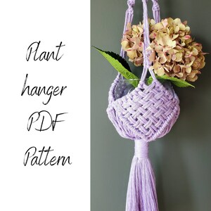 May include: A lavender macrame plant hanger with a tassel. The hanger is holding a glass vase with pink flowers.