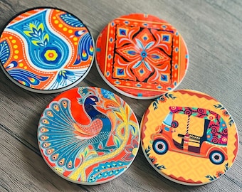 Ethnic bright colored custom ceramic coasters / truckart