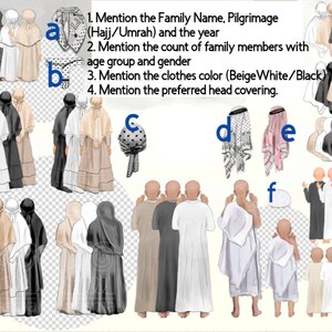 May include: Illustration of a family of people wearing traditional Islamic clothing for Hajj or Umrah. The family includes adults and children, and they are wearing a variety of colors, including beige, white, and black. The illustration also includes different types of head coverings, such as a headscarf, a hijab, and a keffiyeh.