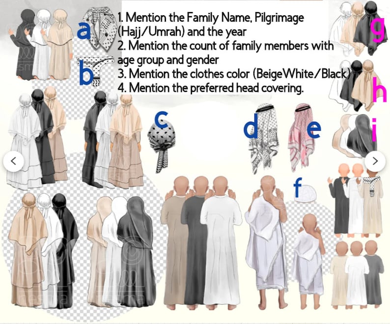 May include: Illustration of a family of people wearing traditional Islamic clothing for Hajj or Umrah. The family includes adults and children, and they are wearing a variety of colors, including beige, white, and black. The illustration also includes different types of head coverings, such as a headscarf, a hijab, and a keffiyeh.