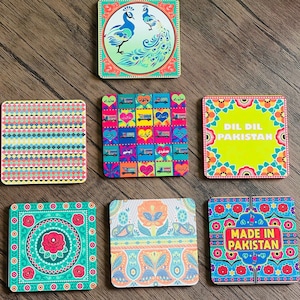 Custom cork backing coasters bright colors /truck art / Pakistan (set of 4)