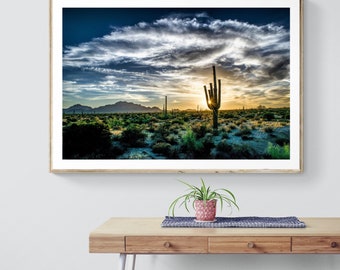 Vibrant Landscape Photography Print - Arizona Desert Saguaro Cactus Colorful Sunset  - Fine Art Photograph