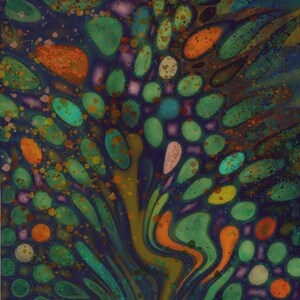May include: Abstract digital artwork featuring a swirling pattern of green, orange, and brown shapes. The shapes are reminiscent of leaves, drops of water, or cells. The background is a dark blue.