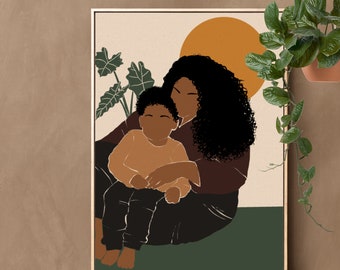 Black Mom son minim PRINTABLE, Mom Birthday Gift from Son, black family portrait, Boy mom art, Curvy Afro mom with baby boy,  Mother's day