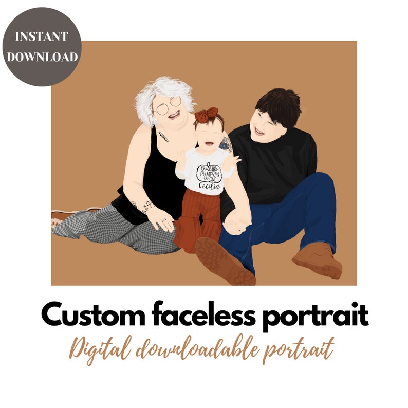 Family portrait from photo PRINTABLE, Custom faceless Digital Portrait from Picture, Modern Faceless portrait Gift art, black family art image 2