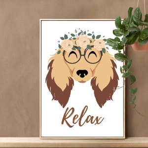 Dachshund Dog poster PRINTABLE, funny dog breed poster,  Meditation Dog portrait, Dog wall art print, Dog with Wreath print, Dog yoga poster