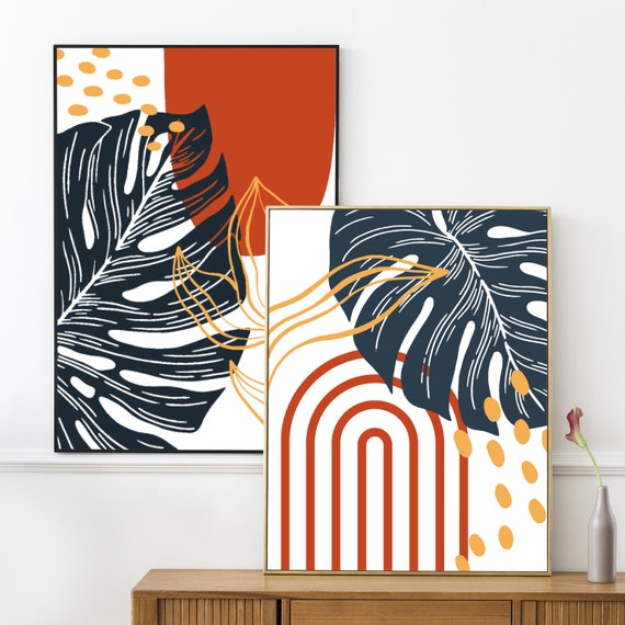 Mustard Yellow and Blue Botanical Abstract Set of 2 Print Etsy