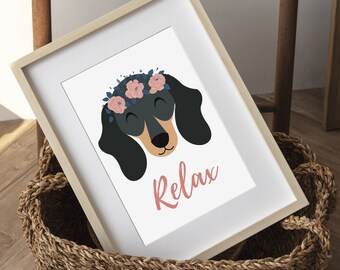 Dog poster PRINTABLE, funny poster, Dog portrait, Dog wall art print,Flowered Dog print, Dog yoga poster, Meditation poster, digital poster