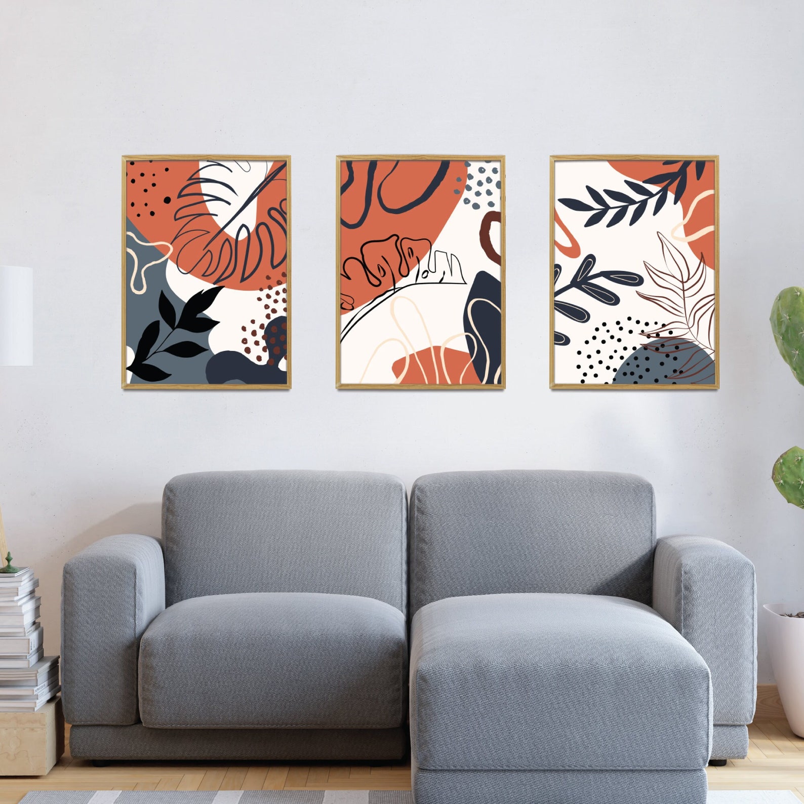 Rust Blue Wall Art, Blue and Orange Wall Art, Abstract Botanical Print