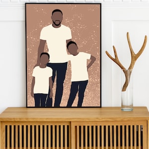 Black Father and two Sons print, African American family portrait, Black dad art, fathers day poster, Gift from son, Black Men with two kids