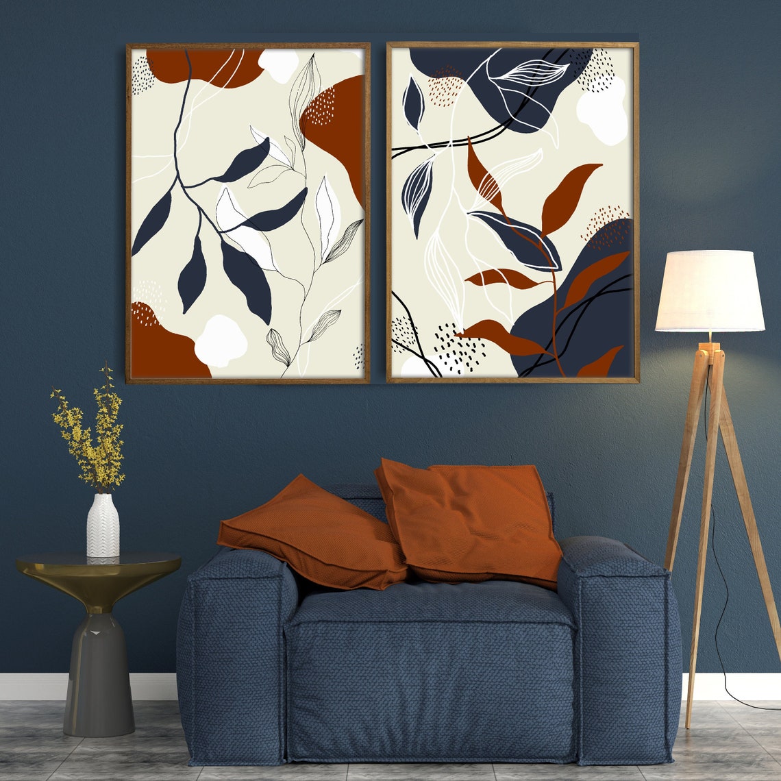 Navy Blue and rust orange botanical abstract set of Etsy