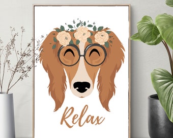 Saluki Dog poster PRINTABLE, funny dog breed poster,  Meditation Dog portrait, Dog wall art print, Dog with Wreath print, Dog yoga poster