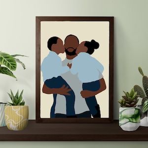 Black Father and twin Son Daughter print, African American family portrait, Black dad art, father's day poster, Gift from Unidentical Twins