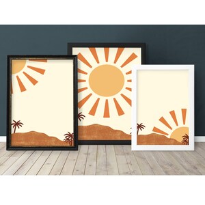 Desert sun phases print set of 3, palm tree print, Neutral gallery wall decor print, minimalist desert sand dune set, Morocco boho PRINTABLE