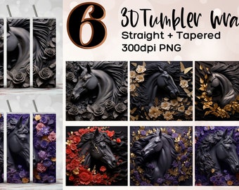 3D Black Horse Floral Tumbler Wrap, 20oz Skinny Cup (PNG)