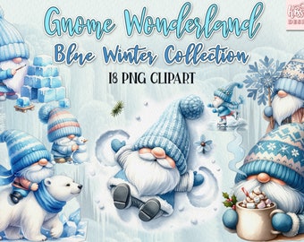 Blue Winter Gnome Wonderland - Whimsical Winter Clipart. PNG Sublimation Design for Commercial Use.