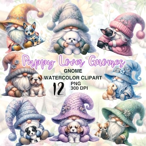 Watercolor Spring Puppy Gnomes Clipart. Printable Puppy Gnome Illustrations. Cute Gnome Bundle. Instant Download for your DIY Craft.