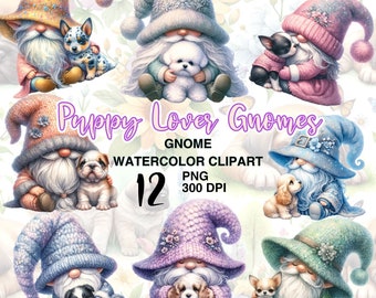 Watercolor Spring Puppy Gnomes Clipart. Printable Puppy Gnome Illustrations. Cute Gnome Bundle. Instant Download for your DIY Craft.