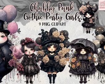 Chubby Punk Gothic Girl Illustration Clipart Collection for Party Designs and Sublimation Projects