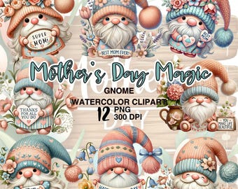 Mother's Day Gnome Watercolor Clipart, Spring Designs (PNG)