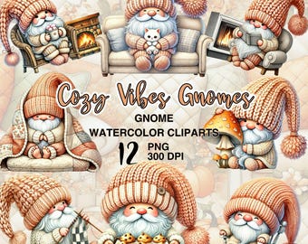 Cozy Vibes Autumn Gnome Watercolor Clipart Collection for Fall Decor and Sublimation Crafts