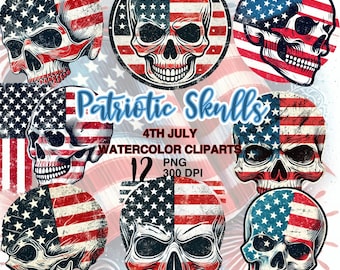 Patriotic Skull Clipart: Vintage American Flag, 4th of July (PNG)