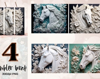 3D White Horse Tumbler Wrap, Floral Sublimation Design (PNG)