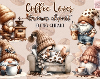 Watercolor Coffee Lover Gnomes Collection. Coffee Gnome PNG Bundle. Sublimation Design for DIY Crafts.