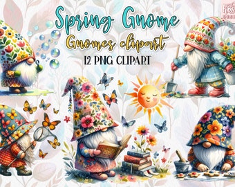 Happy Spring Gnome Watercolor Clipart Collection in Scandinavian Style for Easter and Seasonal Crafts