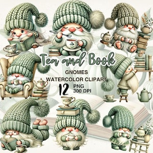 Aquarell Wichtel Tee und Buchliebhaber Clipart Set. 12 Niedliche Tee-Liebhaber-Zwerge Illustration | Gnom PNG Illustrationen.