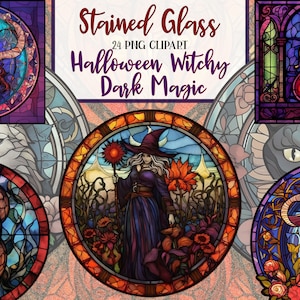 Könnte beinhalten: Buntglas-Cliparts mit einer Hexe, einem Widder-Schädel, einer Schlange und anderen mystischen Designs. Der Text lautet "Stained Glass 24 PNG Clipart Halloween Witchy Dark Magic."