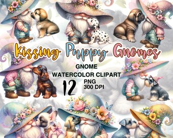 Kissing Puppy Gnome Watercolor Clipart, Dog Lover Designs (PNG)