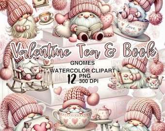 Valentine Gnome Watercolor Clipart, Tea and Book Collection (PNG)