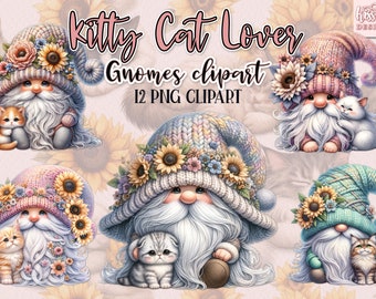 Watercolor Cat Gnome Clipart, Feline DIY Designs (PNG)