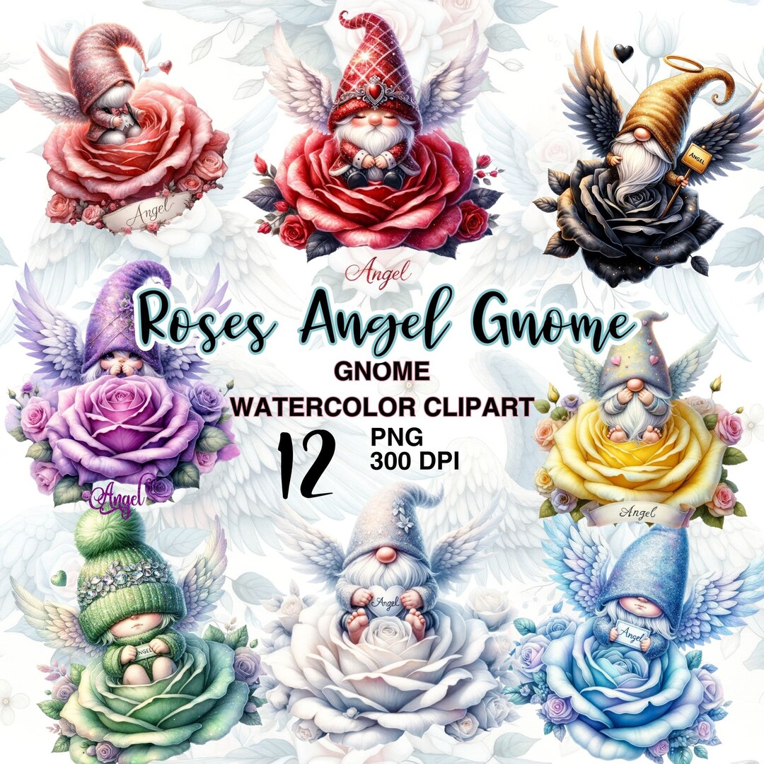Watercolor Roses Angel Gnomes PNG Clipart. Gnome PNG Bundle. Spring ...