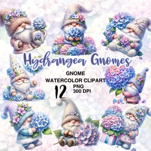 Watercolor Spring Hydrangea Gnomes Clipart. Printable Flowers Gnome Illustrations. Cute Gnome Bundle. Instant Download for your DIY Craft.