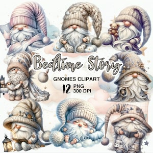 May include: A digital illustration featuring a collection of whimsical gnomes in cozy sleepwear. The gnomes, with long white beards and knitted hats, are depicted in various poses, some reading, others sleeping. The text "Bedtime Story" and "Gnomes Clipart" are also included.